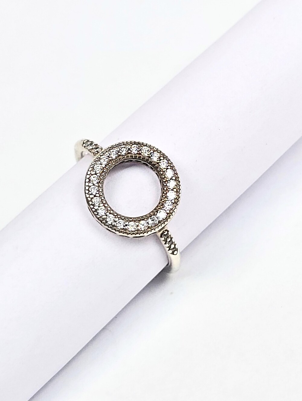 Pandora 925 Sterling Silver CZ Sparkling Pave Open Hollow Circle Halo Ring Sz #8